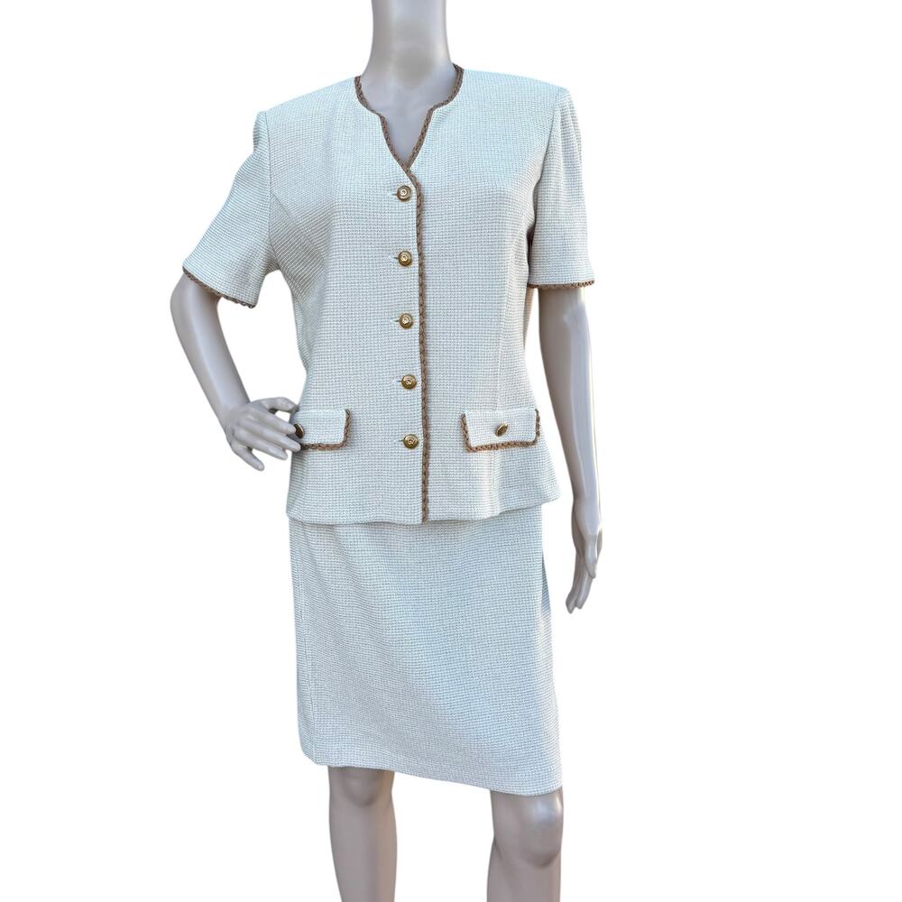 St John Collection Cream Tweed Knit Skirt Suit Set Brown Trim Gold Button 8 USA